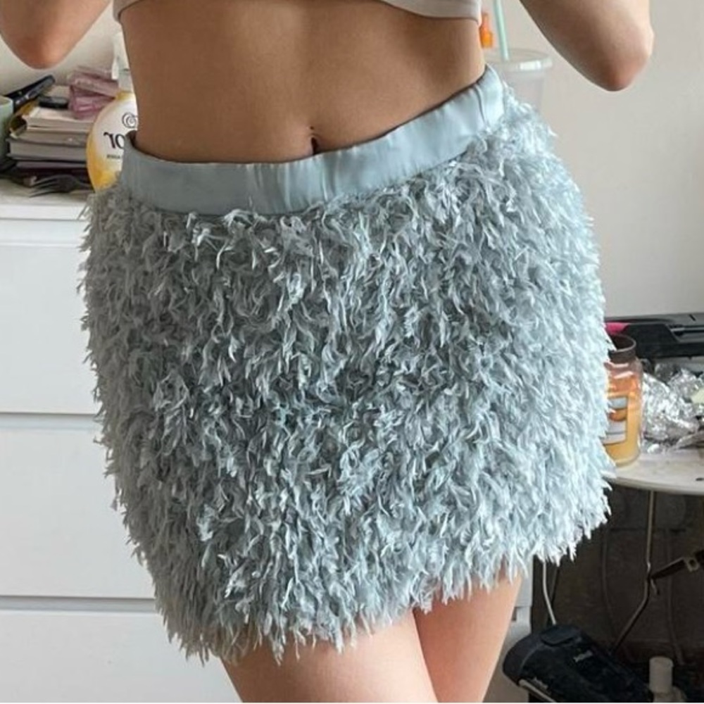 ZARA feather mini fuzzy skirt chic blue high waisted size S - Picture 7 of 7